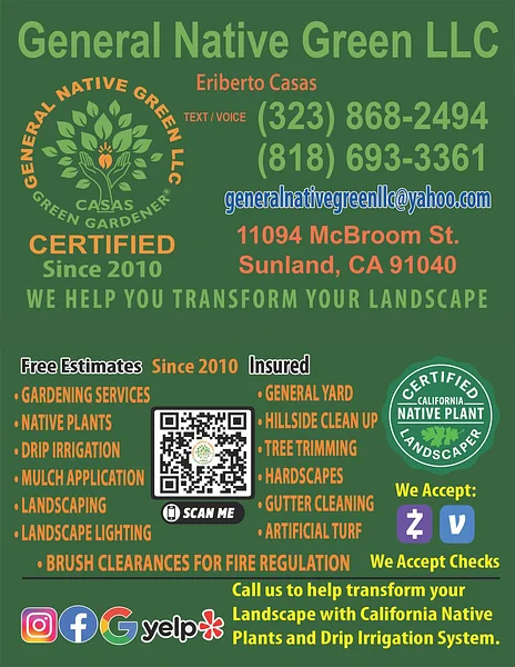 General Native Green business card listing landscaping, native gardening, irrigation, tree trimming and brush clearance services